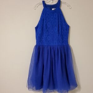 Homrain Blue Lace Sleeveless Halter Fit and Flare Dress